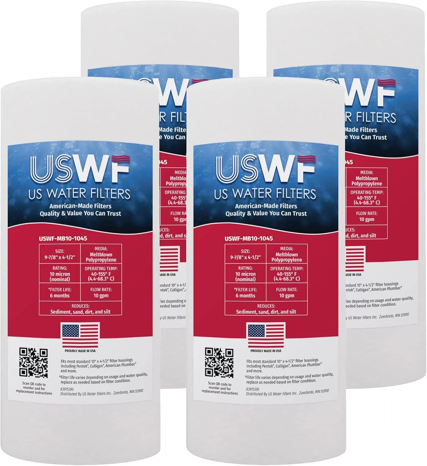 10 Micron 10 Inch x 4.5 Inch | 4-Pack Melt Blown Polypropylene Whole House Sediment Cartridge | Compatible with Liquatec SDF-45-1010, Hydronix SDF-45-1010 | Made in the USA, US Water Filters