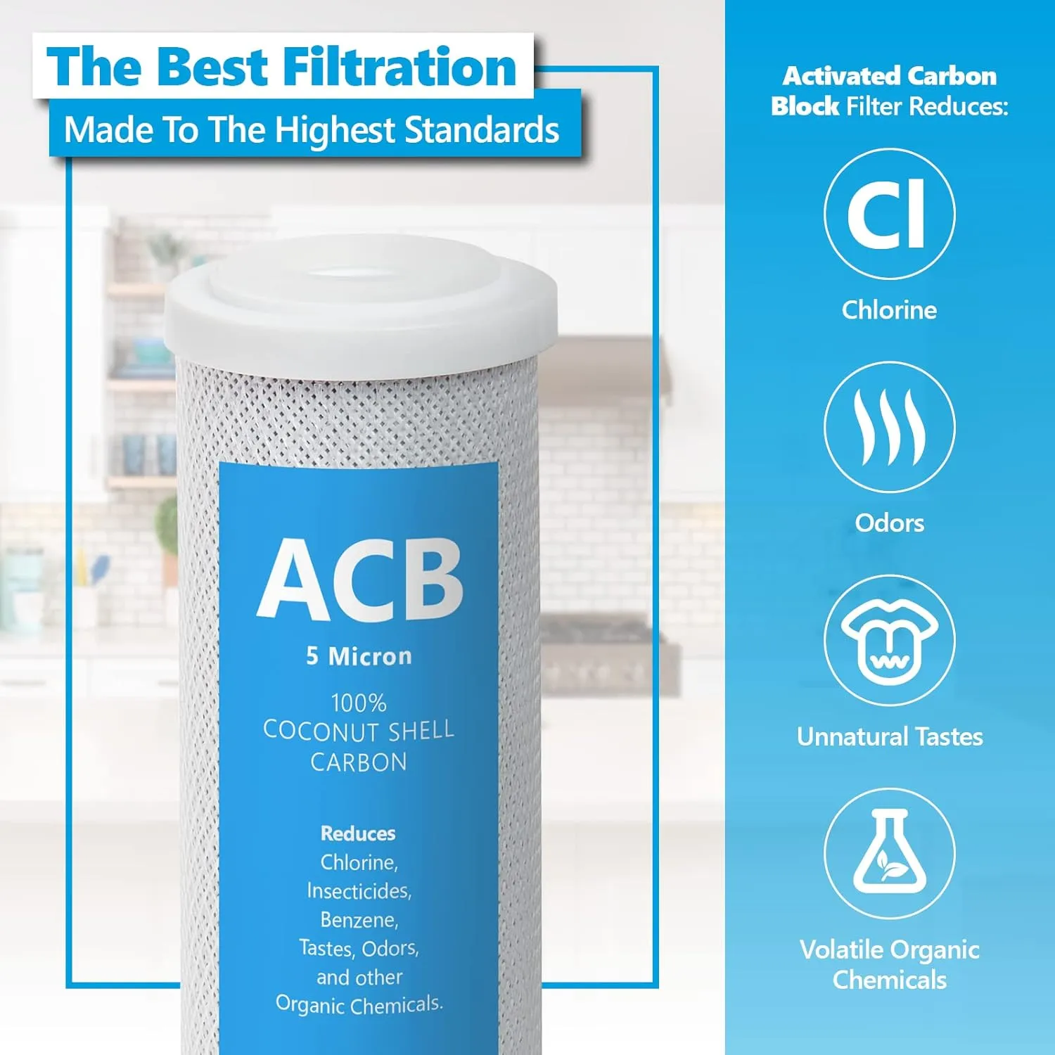 10 Pack Activated Carbon Block ACB Water Filter Replacement – 5 Micron, 10 inch Filter – Under Sink and Reverse Osmosis System