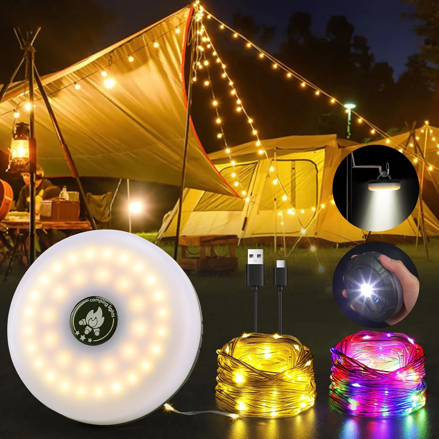 100 LED Camping String Lights - 32.8ft 4-in-1 Quick Storage Tent Lights String, Rechargeable Lantern LED Lamp for Outdoor Camping Essentials Gear Party Decor