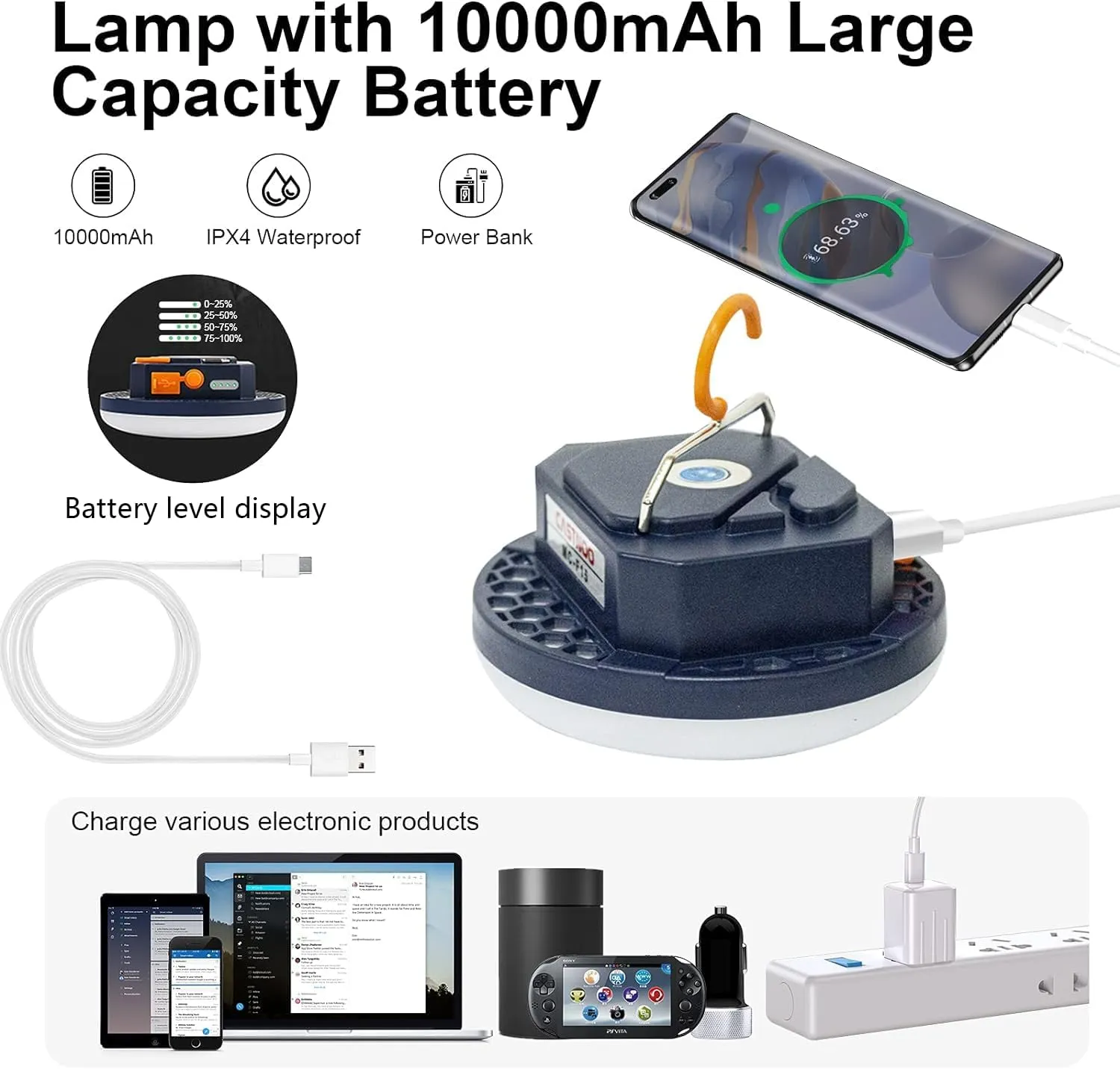 10000mAh 4000LM Flashlight Portable LED Camping Lantern Rechargeable Light 30W with Magnet , IPX4 Waterproof Tent Lights Power Failure Emergency Survival Kits Snowstorm Christmas Day Gift