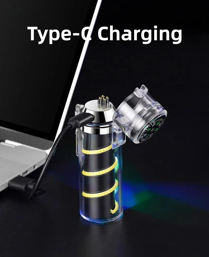 100W Multifunctional Outdoor Waterproof Flashlight Light Lighter Transparent Case with Compass Charging Lighter Fantasy Atmosphere Light