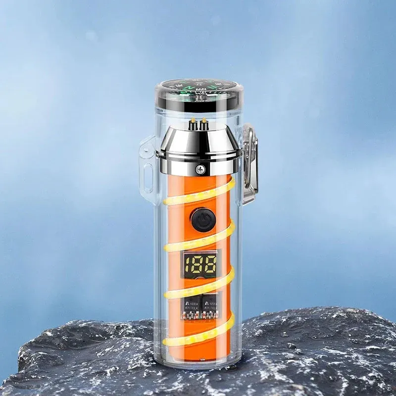 100W Multifunctional Outdoor Waterproof Flashlight Light Lighter Transparent Case with Compass Charging Lighter Fantasy Atmosphere Light