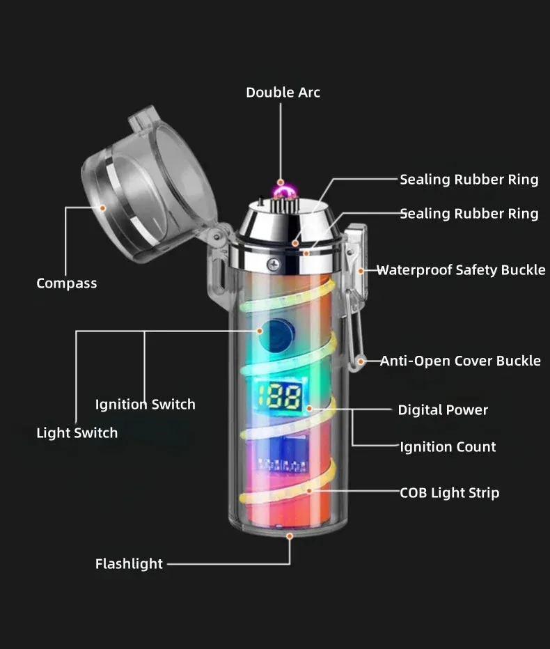 100W Multifunctional Outdoor Waterproof Flashlight Light Lighter Transparent Case with Compass Charging Lighter Fantasy Atmosphere Light