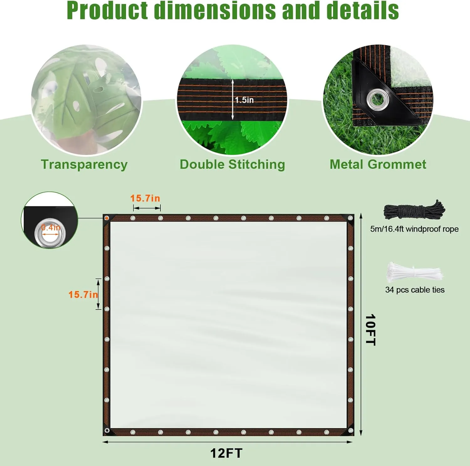10x12ft Clear Waterproof Tarps Heavy Duty Transparent Tarpaulins Clear Vinyl Tarps with Grommet, Outdoor Transparent Cover for Greenhouse, Patio, Porches, Tent, Chicken Coop