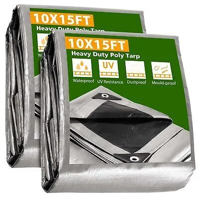 10x15 Ft 2 Pack Waterproof Poly Tarp Heavy Duty Protect Cover 10-mil Tarpaulin
