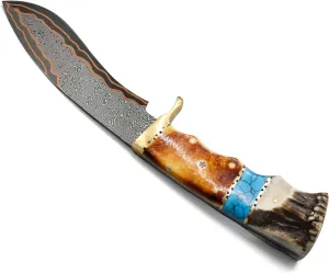 12’’ Handmade Copper Damascus Hunting Bushcraft Knife with Leather Sheath-Fixed Blade EDC Knife-Crown Stag Horn & Burnt Camel Bone Handle-Best gift Knives for Men.(Genghis Khan: The Warrior's Edition)