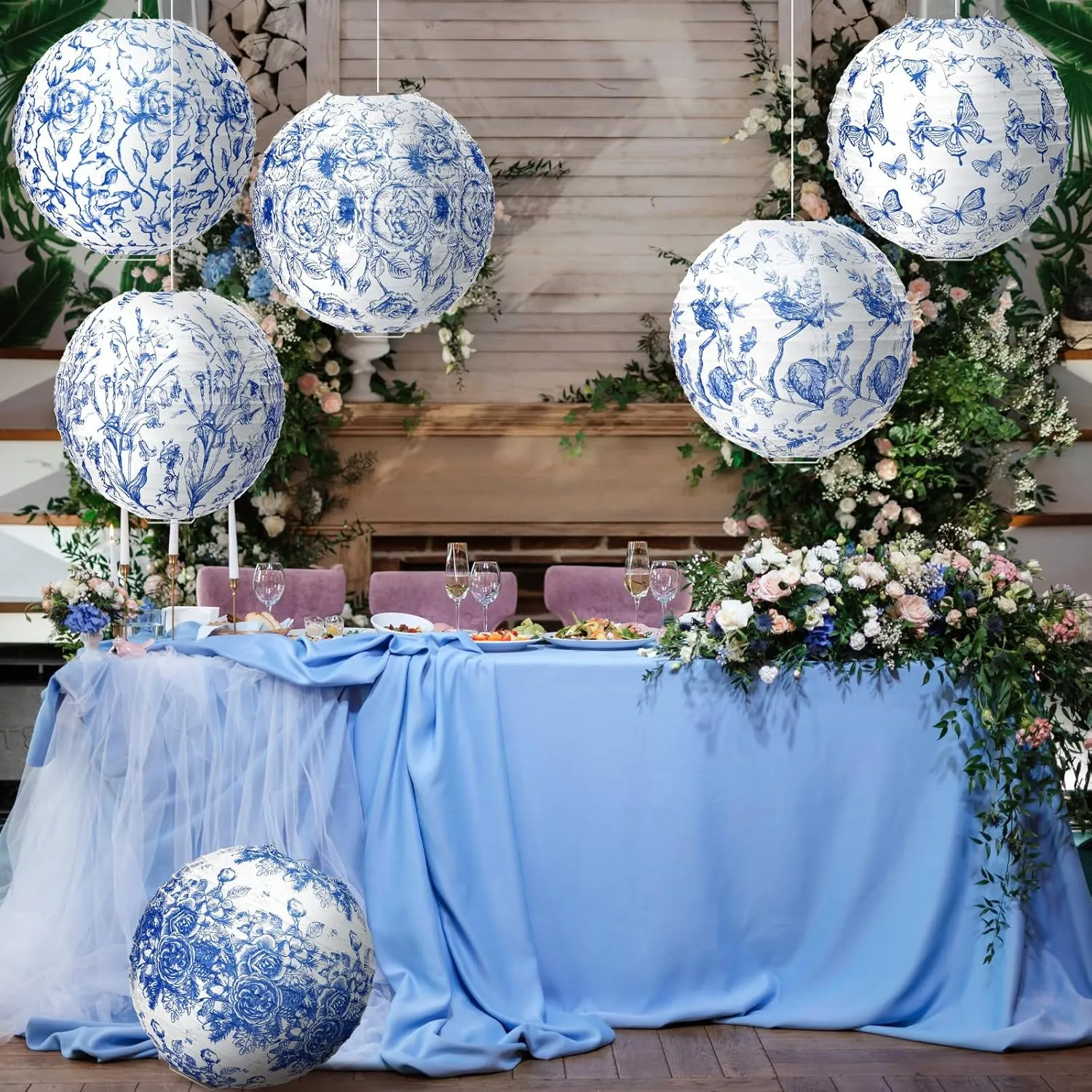 12 Pcs Blue and White Paper Lantern 8 Inch Chinoiserie Lanterns Blue Flower Hanging Lantern Indoor Outdoor Spring Decorative Round Lanterns Hanging Decor Ornaments for Wedding Bridal Shower
