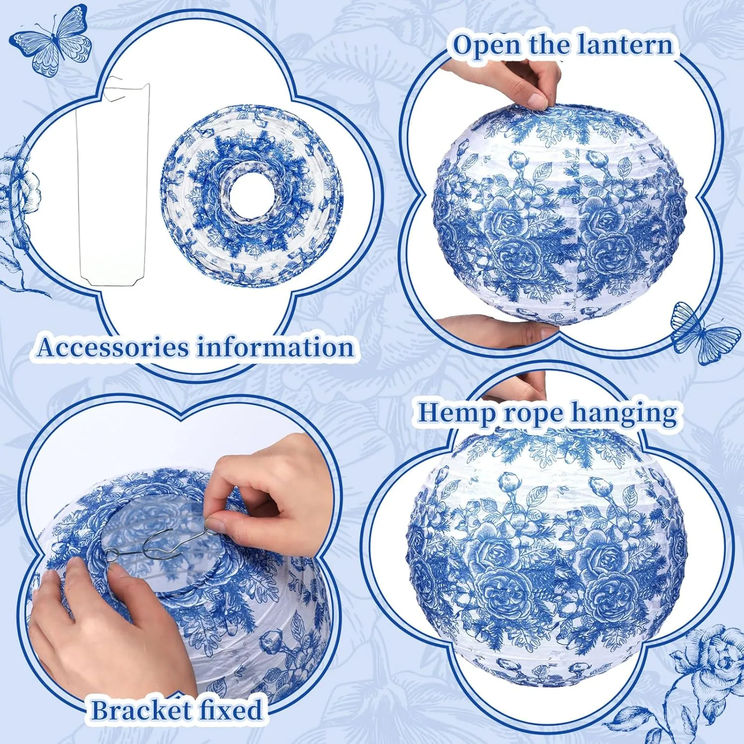 12 Pcs Blue and White Paper Lantern 8 Inch Chinoiserie Lanterns Blue Flower Hanging Lantern Indoor Outdoor Spring Decorative Round Lanterns Hanging Decor Ornaments for Wedding Bridal Shower