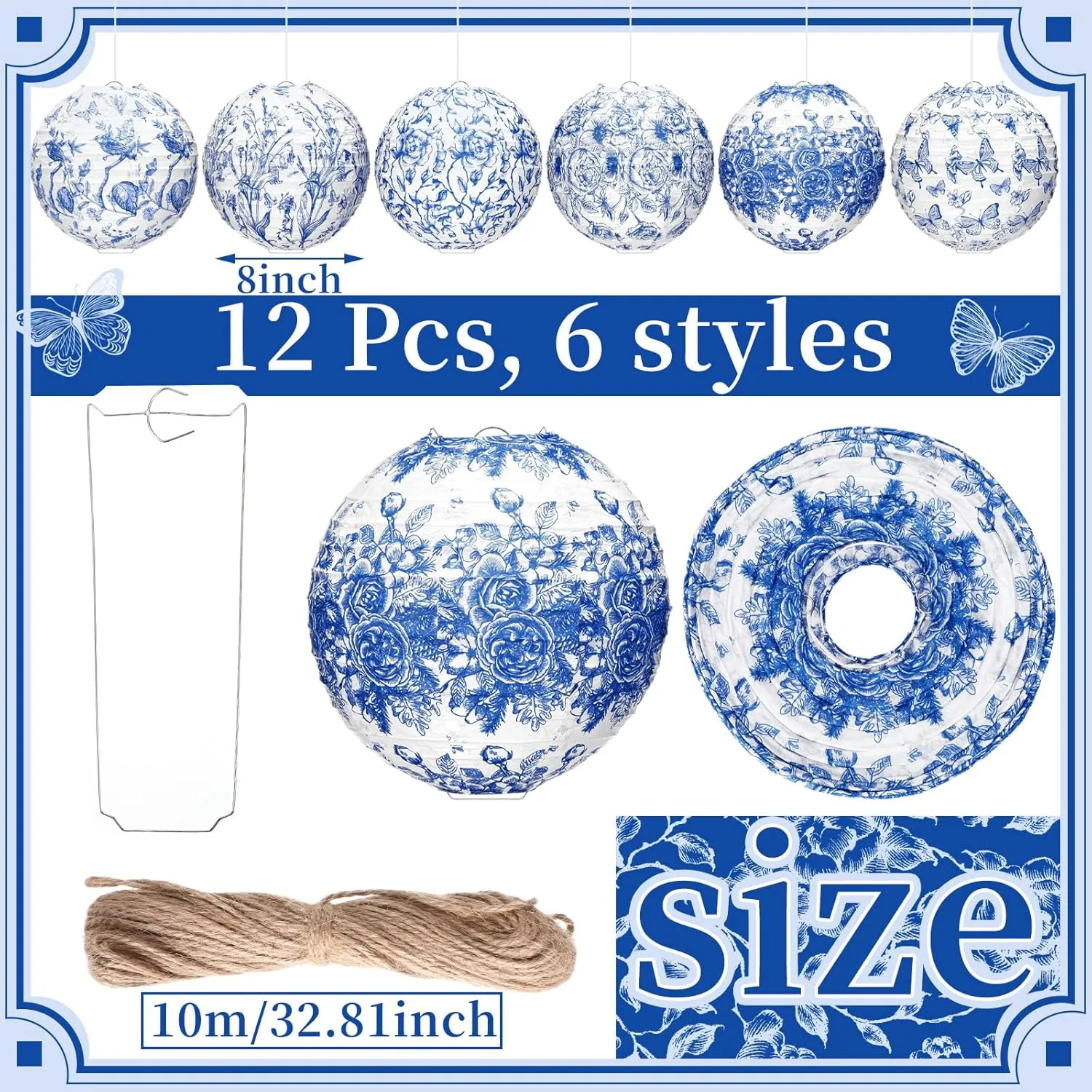 12 Pcs Blue and White Paper Lantern 8 Inch Chinoiserie Lanterns Blue Flower Hanging Lantern Indoor Outdoor Spring Decorative Round Lanterns Hanging Decor Ornaments for Wedding Bridal Shower