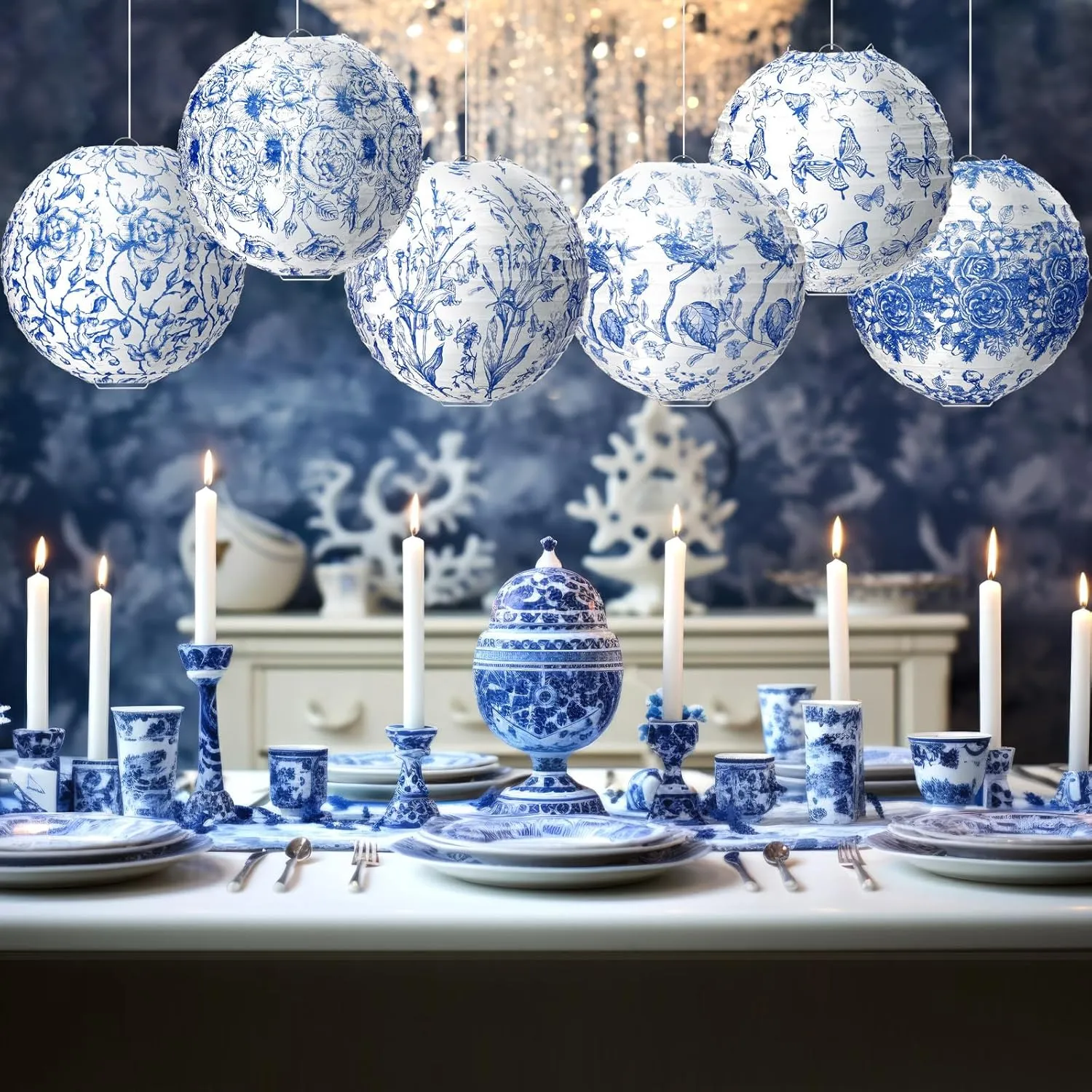 12 Pcs Blue and White Paper Lantern 8 Inch Chinoiserie Lanterns Blue Flower Hanging Lantern Indoor Outdoor Spring Decorative Round Lanterns Hanging Decor Ornaments for Wedding Bridal Shower