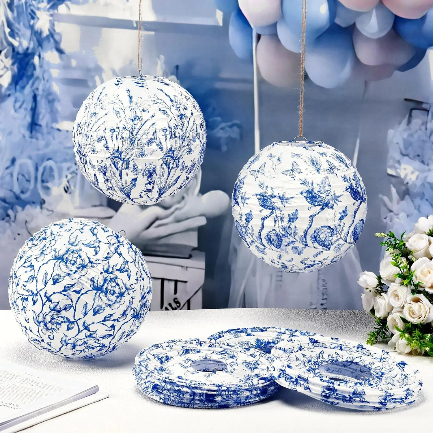 12 Pcs Blue and White Paper Lantern 8 Inch Chinoiserie Lanterns Blue Flower Hanging Lantern Indoor Outdoor Spring Decorative Round Lanterns Hanging Decor Ornaments for Wedding Bridal Shower