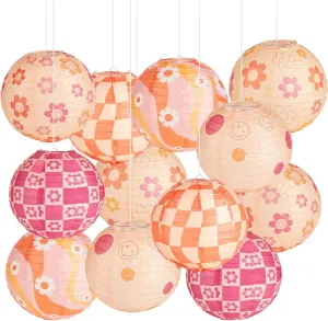 12 PCS Classroom Decoration Groovy Hanging Paper Lanterns Boho Retro Party Paper Lanterns Hippie Ceiling Hanging Decor for Wedding Birthday Baby Shower Birthday Party Home School Classroom Decors