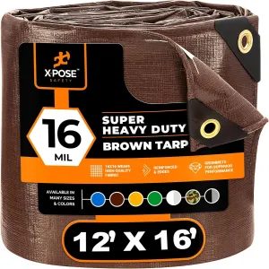 12' x 16' Super Heavy Duty 16 Mil Brown Poly Tarp Cover - Thick Waterproof, UV Resistant, Rip and Tear Proof Tarpaulin with Grommets and Reinforced Edges - by Xpose Safety