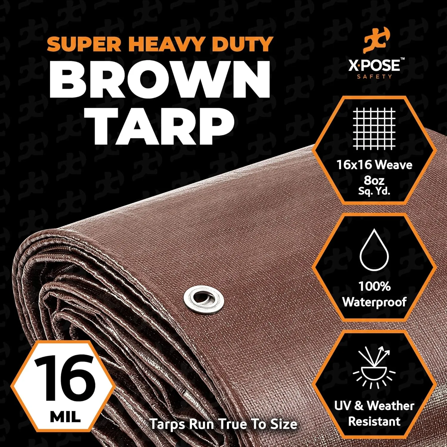 12' x 30' Super Heavy Duty 16 Mil Brown Poly Tarp Cover - Thick Waterproof, UV Resistant, Rip and Tear Proof Tarpaulin with Grommets and Reinforced Edges - by Xpose Safety