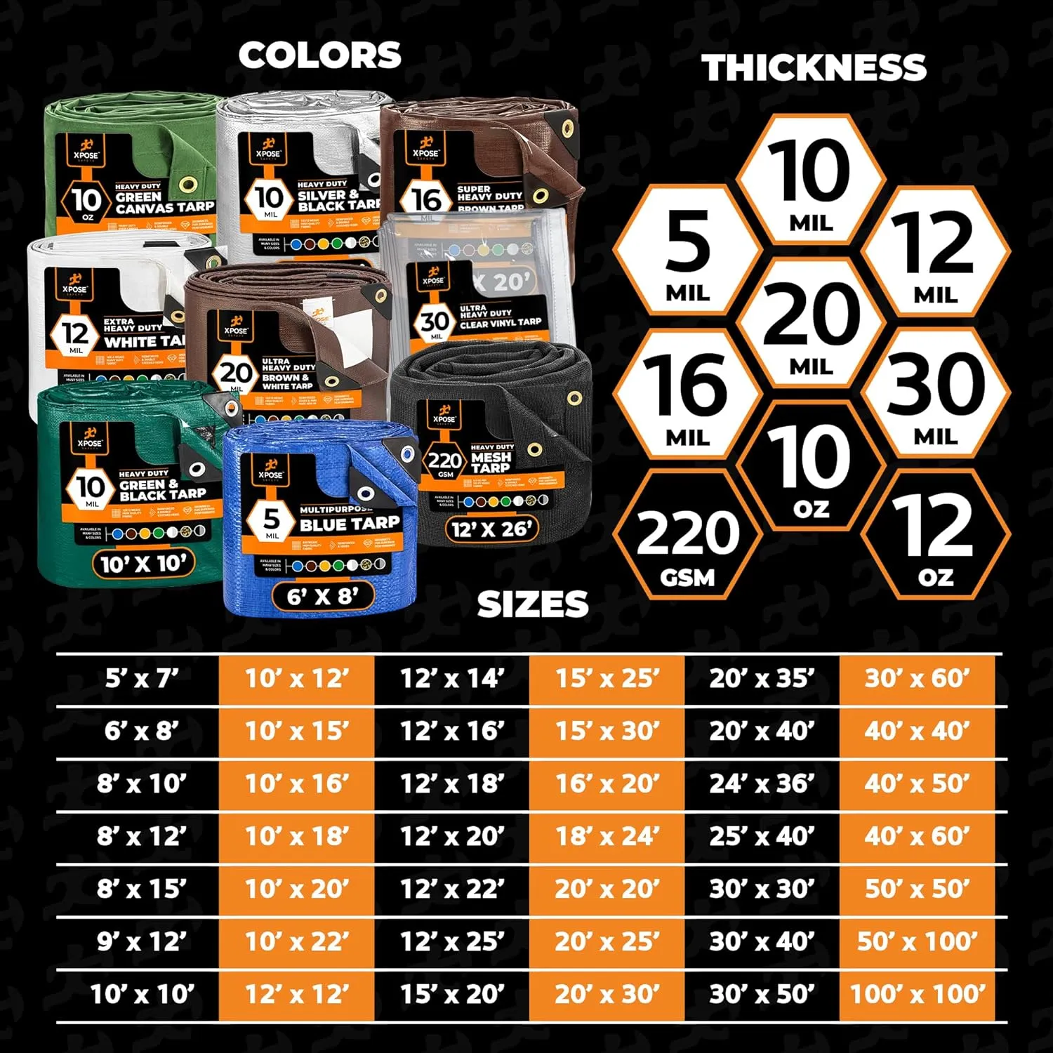 12' x 30' Super Heavy Duty 16 Mil Brown Poly Tarp Cover - Thick Waterproof, UV Resistant, Rip and Tear Proof Tarpaulin with Grommets and Reinforced Edges - by Xpose Safety