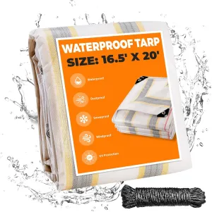 16.5' X 20' Heavy Duty Waterproof Tarp, Outdoor Protective Tarpaulin Cover, UV Resistant All Weather Tarps with Rustproof Grommets for Roof, Pool, Camping, Tent, Deck, RV, Boat