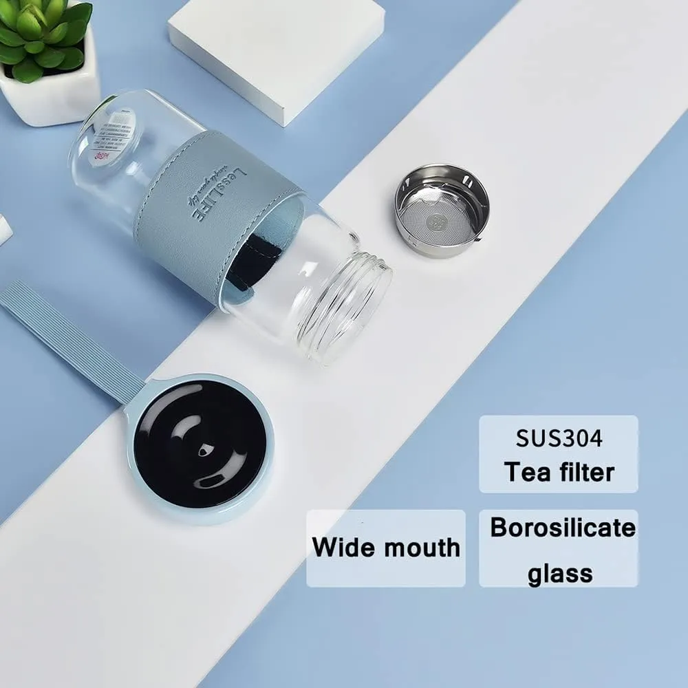 16OZ Borosilicate Glass Water Bottle Wide Mouth Leakproof Drinking Bottle with Protective Leather Sleeve Carry Handle Stainless Steel Infuser (Blue)