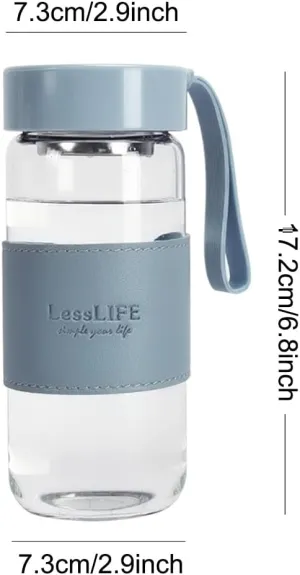 16OZ Borosilicate Glass Water Bottle Wide Mouth Leakproof Drinking Bottle with Protective Leather Sleeve Carry Handle Stainless Steel Infuser (Blue)