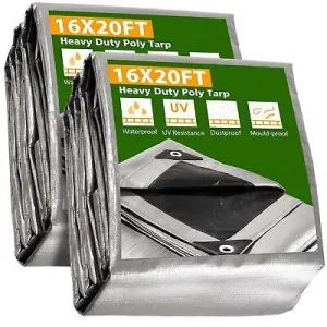 16x20 Ft 2 Pack 10 Mil Poly Tarp Protective Cover Tarpaulin Outdoor Waterproof