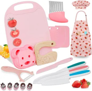 19PCS Kids Cooking Sets Real with Kids Knife Set for Real Cooking, Kid Safe Knife Set for Real Cooking with Kids Cutting Board and Knife Set, Toddlers Kitchen Tools, Kids Chef Hat and Apron