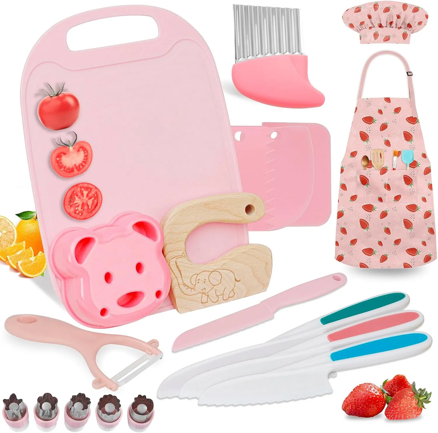 19PCS Kids Cooking Sets Real with Kids Knife Set for Real Cooking, Kid Safe Knife Set for Real Cooking with Kids Cutting Board and Knife Set, Toddlers Kitchen Tools, Kids Chef Hat and Apron