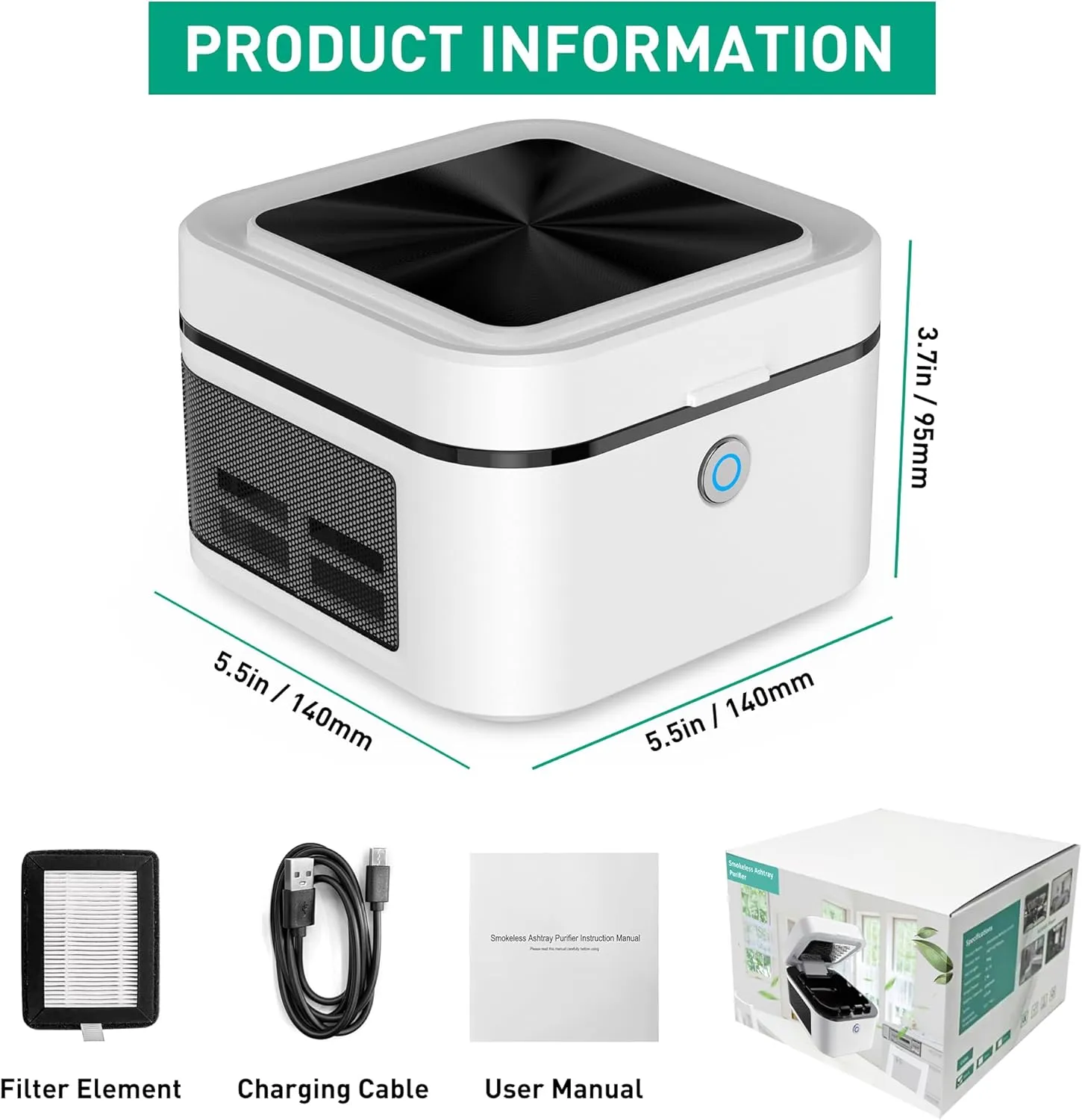 2 in 1 Air Purifier Multifunctional Smokeless Ashtray for Cigarette Smoker, HEPA Filter Reduce Smoke, USB Rechargeable Smoke Ashtray for Home Office Car(White)