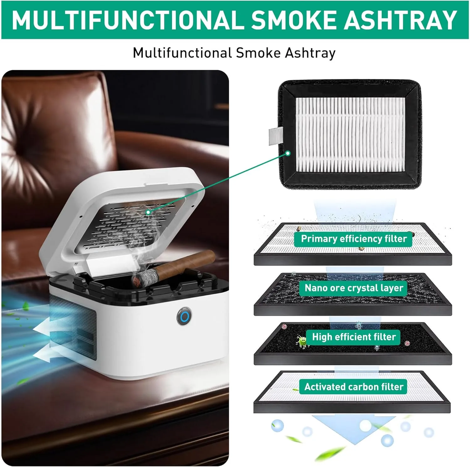 2 in 1 Air Purifier Multifunctional Smokeless Ashtray for Cigarette Smoker, HEPA Filter Reduce Smoke, USB Rechargeable Smoke Ashtray for Home Office Car(White)