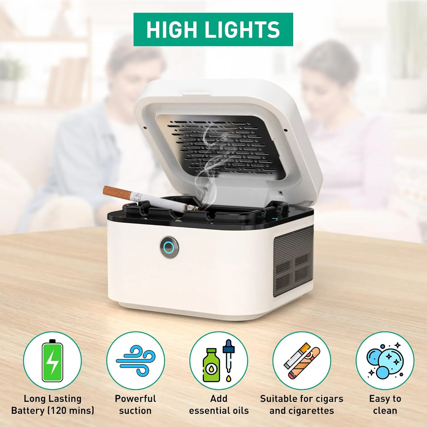 2 in 1 Air Purifier Multifunctional Smokeless Ashtray for Cigarette Smoker, HEPA Filter Reduce Smoke, USB Rechargeable Smoke Ashtray for Home Office Car(White)