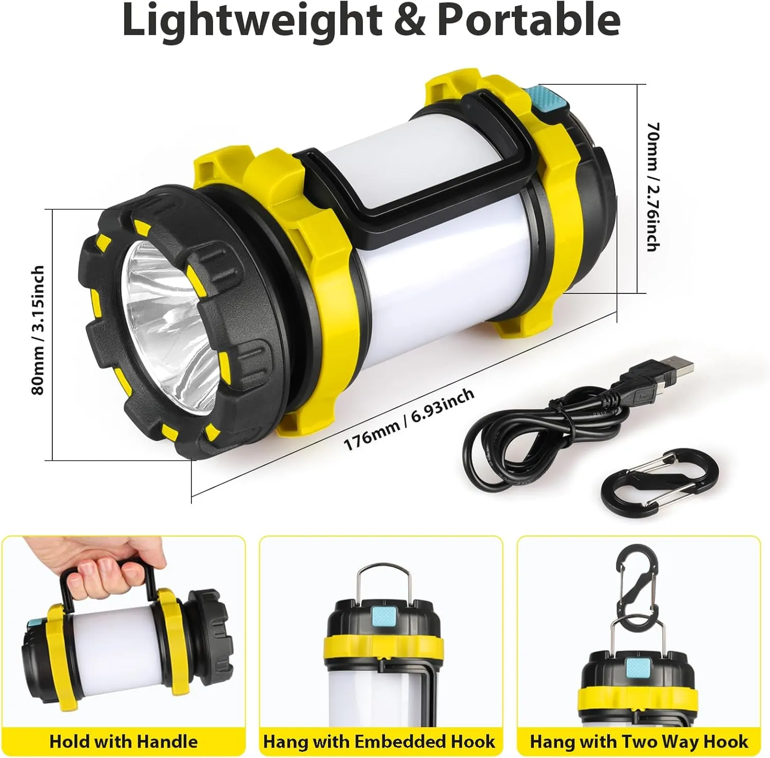 2 Pack Camping Lantern, Outdoor LED Camping Light, Rechargeable Flashlights with 1000LM, 6 Modes, 4000mAh Power Bank, IPX5 Waterproof Portable Emergency Camp Light for Hurricane Survival - Yellow