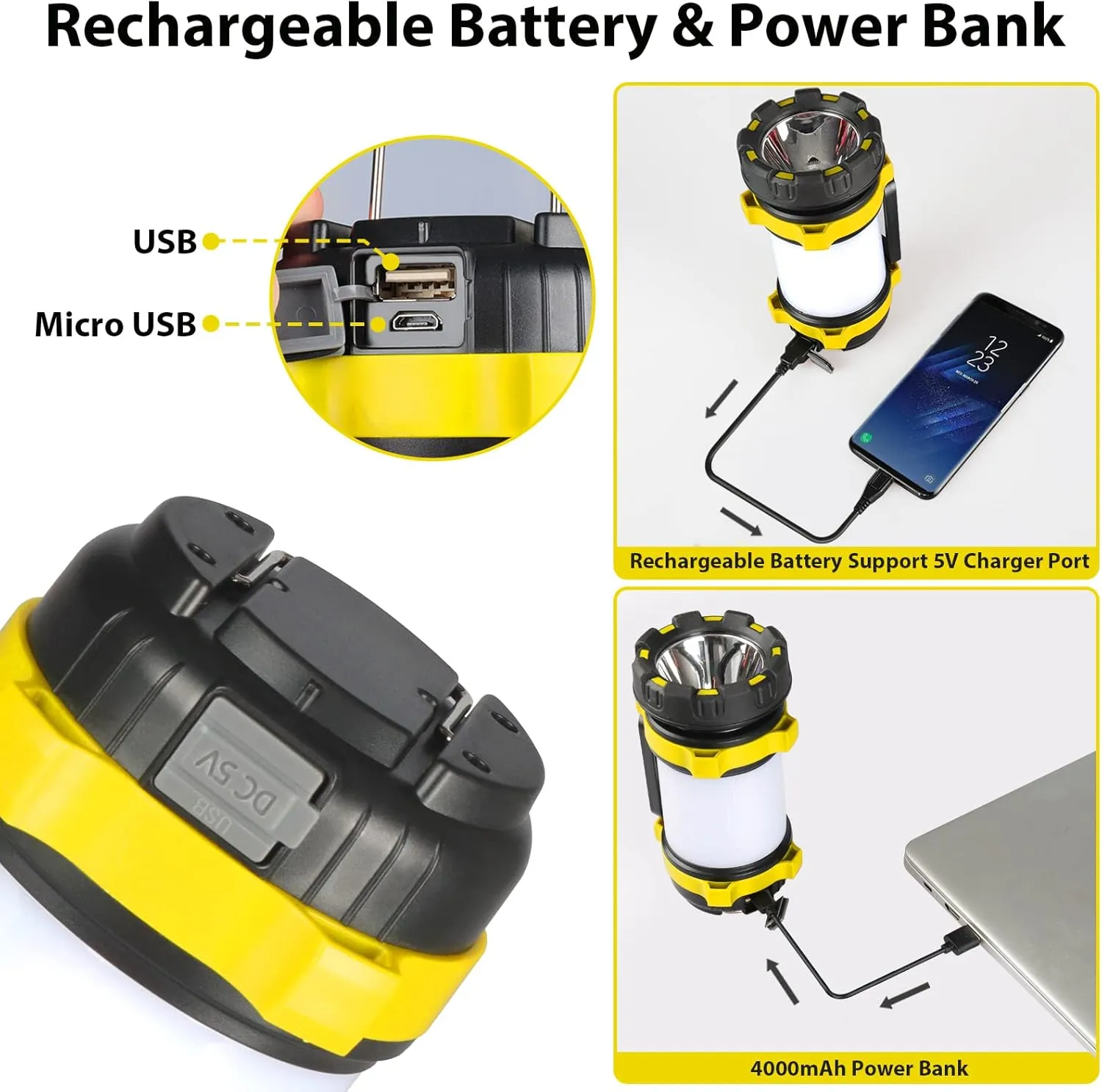 2 Pack Camping Lantern, Outdoor LED Camping Light, Rechargeable Flashlights with 1000LM, 6 Modes, 4000mAh Power Bank, IPX5 Waterproof Portable Emergency Camp Light for Hurricane Survival - Yellow