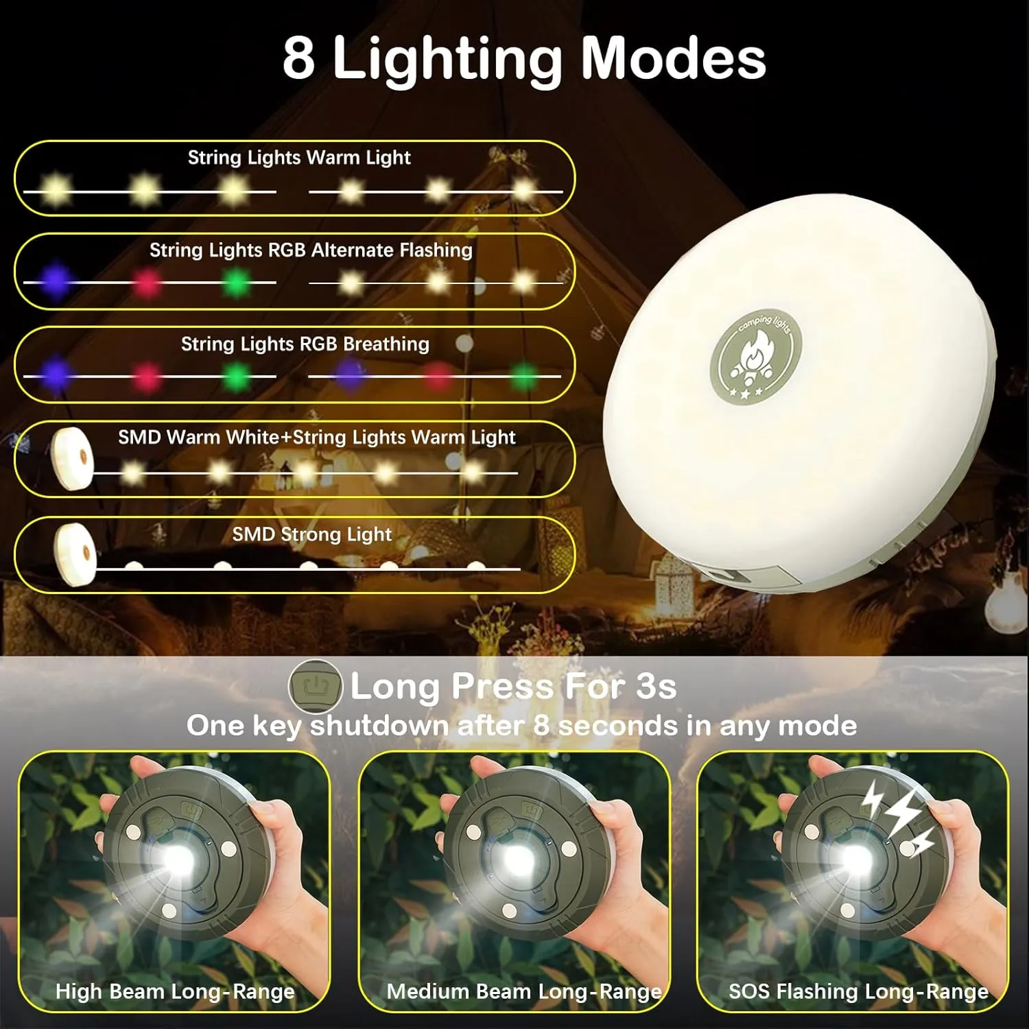 2-Pack Camping String Lights, 4 in 1 Outdoor String Lights with 8 Lighting Modes, Quick Storage, USB Charging, Portable Camping Light Rechargeable, 32.8ft Waterproof Tent Light for Hiking,Christmas