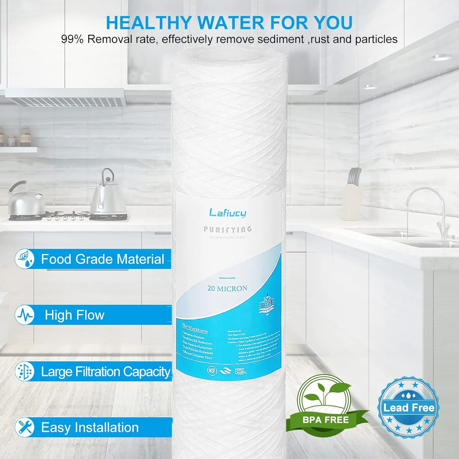 20 Micron 10" x 2.5" String Wound Sediment Water Filter Cartridge,5 Pack,Whole House Sediment Filtration, Universal Replacement for Most 10 inch RO Unit