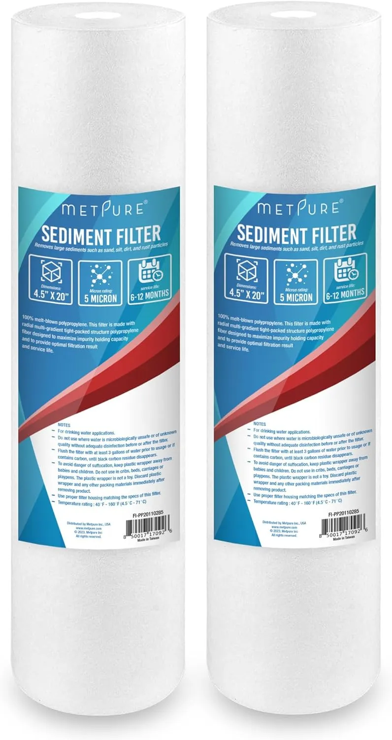 20" x 4.5" Whole House Sediment Water Filter Cartridge - 5 Micron Melt-Blown Polypropylene 20-inch Water Filter Replacement. Compatible with Hydronix, Pentek DGD Series, and more. 2 Pack