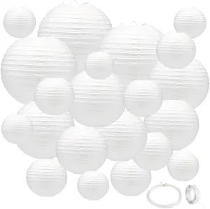 21Pcs White Paper Lanterns,White Chinese Lantern with Tape and String,Hanging Round Lanterns Decorative Outdoor for Party Decorations,Birthday,Wedding,Christmas Party,New Year