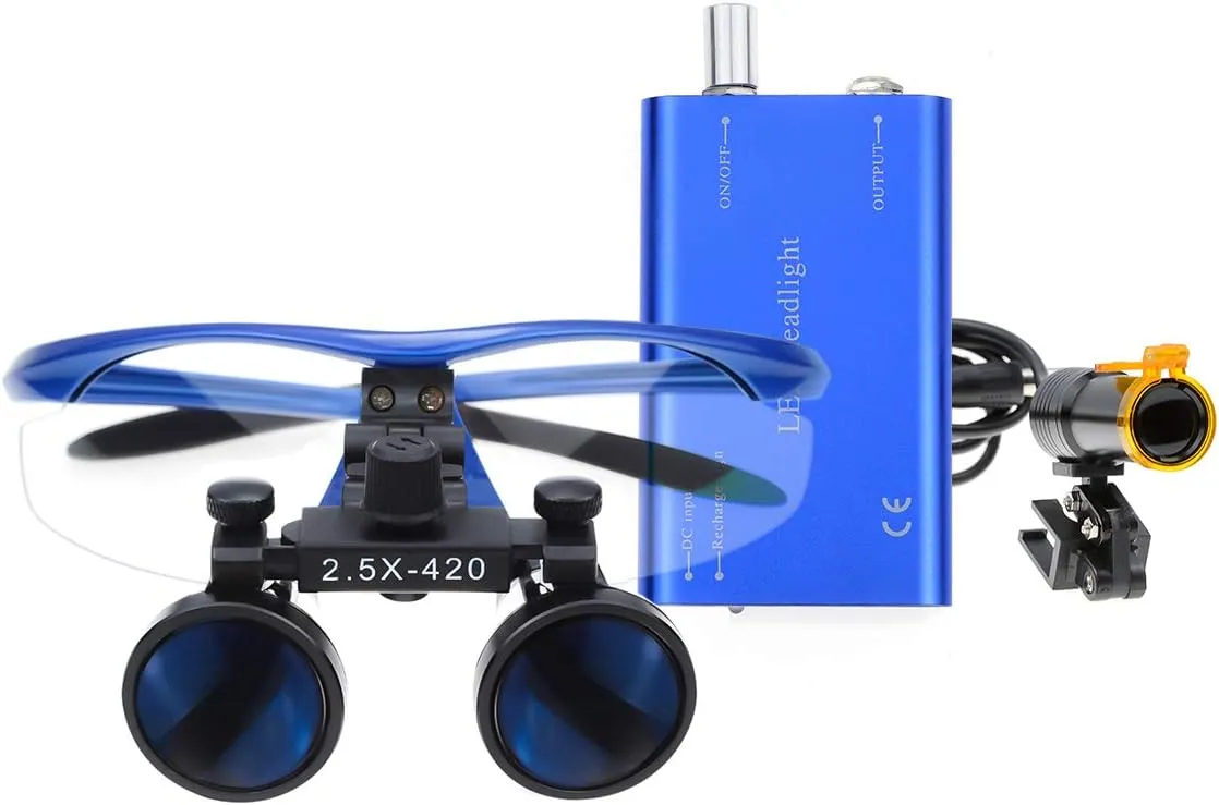 2.5×420mm Working Distance Surgical Binocular Loupes Glasses Magnifier with 5W LED Headlight Lamp Filter  Aluminum Box (Blue)