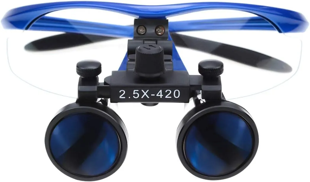 2.5×420mm Working Distance Surgical Binocular Loupes Glasses Magnifier with 5W LED Headlight Lamp Filter  Aluminum Box (Blue)