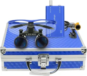 2.5×420mm Working Distance Surgical Binocular Loupes Glasses Magnifier with 5W LED Headlight Lamp Filter  Aluminum Box (Blue)
