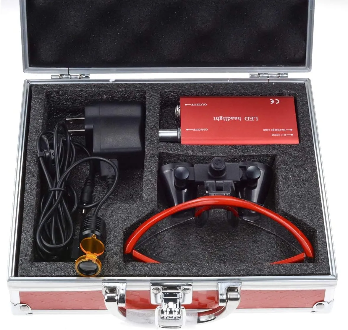 2.5X Magnification Binocular Dental Loupe Magnifier with 5W Headlight LED Light Medical Lamp (Red)