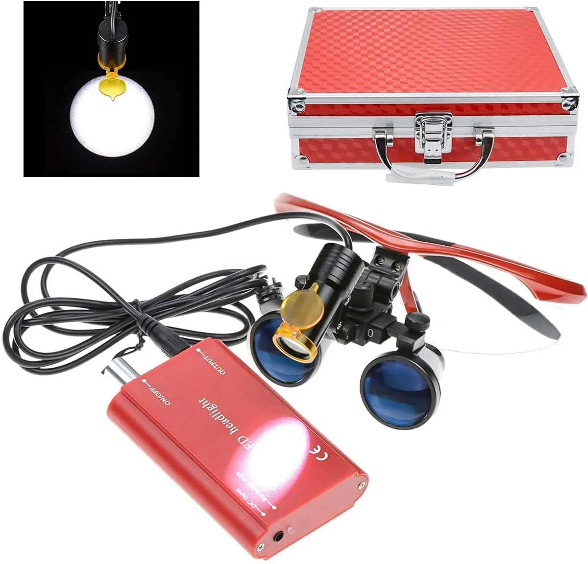 2.5X Magnification Binocular Dental Loupe Magnifier with 5W Headlight LED Light Medical Lamp (Red)