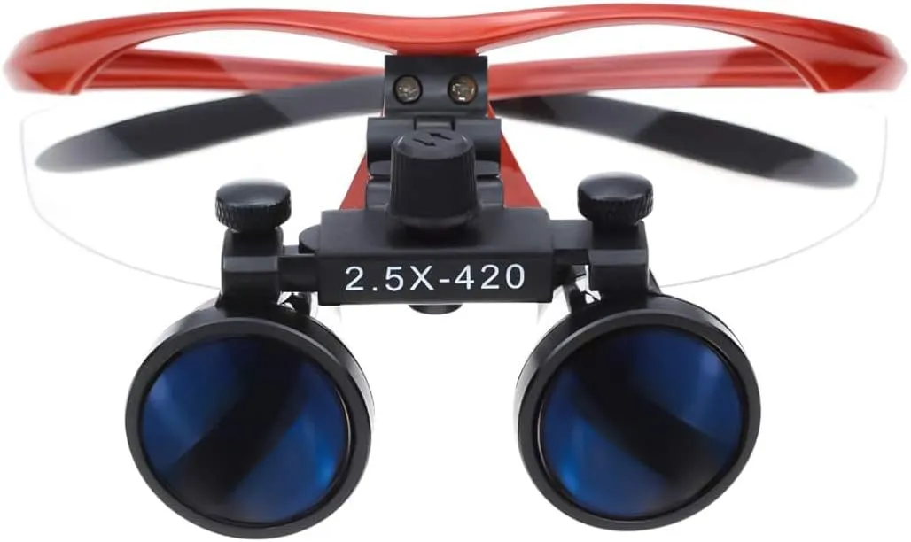 2.5X Magnification Binocular Dental Loupe Magnifier with 5W Headlight LED Light Medical Lamp (Red)
