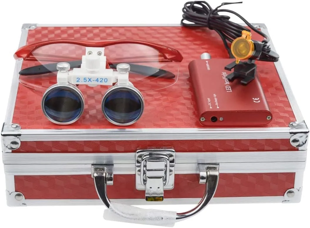 2.5X Magnifier Binocular Loupes  3W LED Headlight Lamp with Filter 420mm Optical Glasses with Aluminum Box (Red)