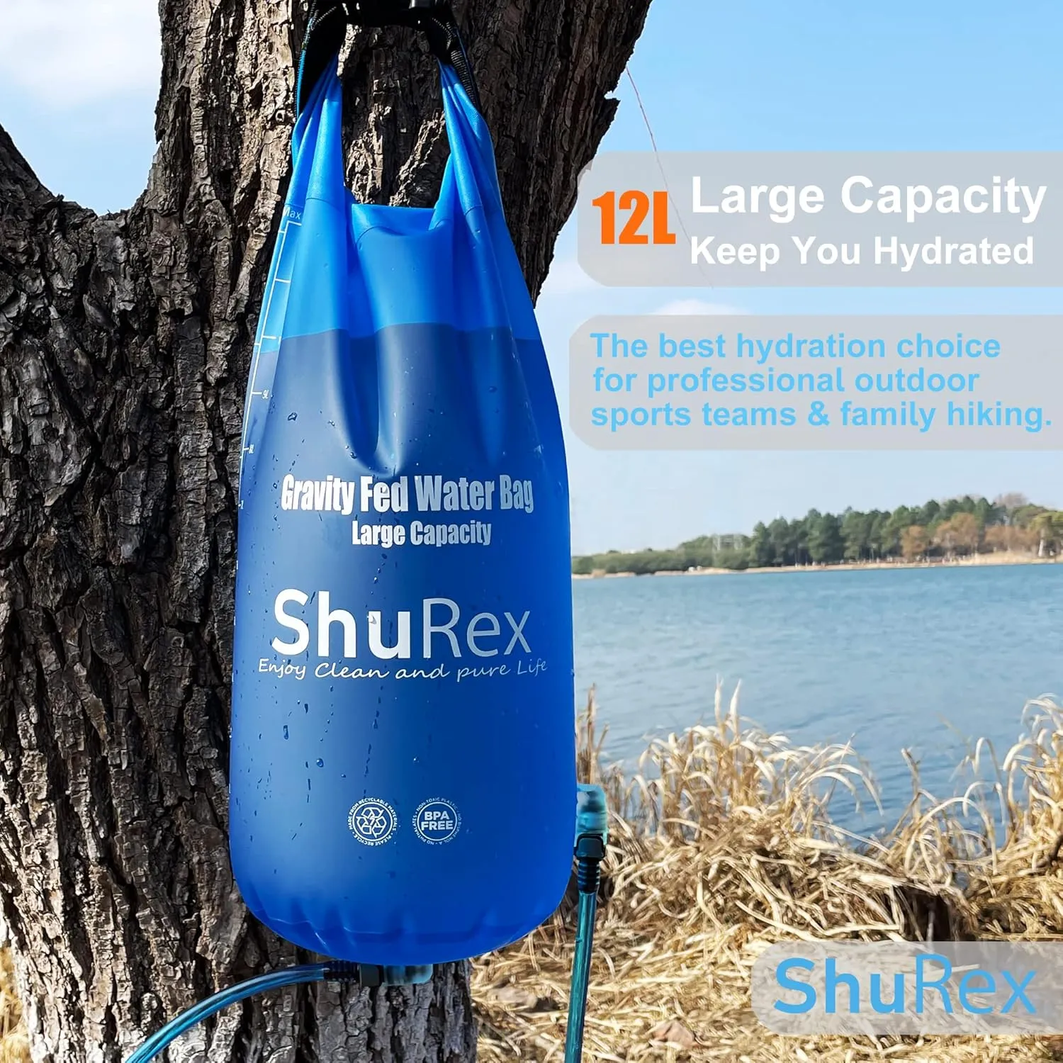 3-Gal Gravity-Fed Water Bag with 2 Outlet Pipes for Sawyer Water Filtration System Survival Water Filter Straw, Compatible with LifeStraw and Other Water Filter Straw, BPA-Free (12L/3Gal)