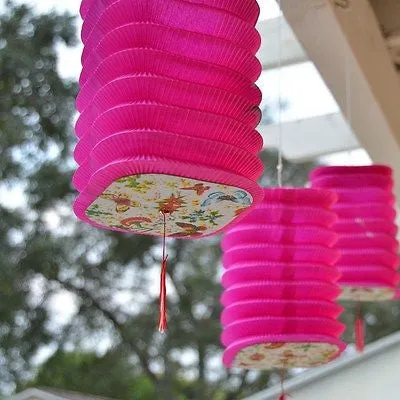 3 Square Asian Style Chinese Fan Lanterns  Hanging Multi Color