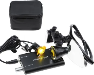 3W Black LED Headlight Lamp Yellow Filter Clip On 2.5X Binocular Loupes 420mm Optical Glasses with Cloth Bag