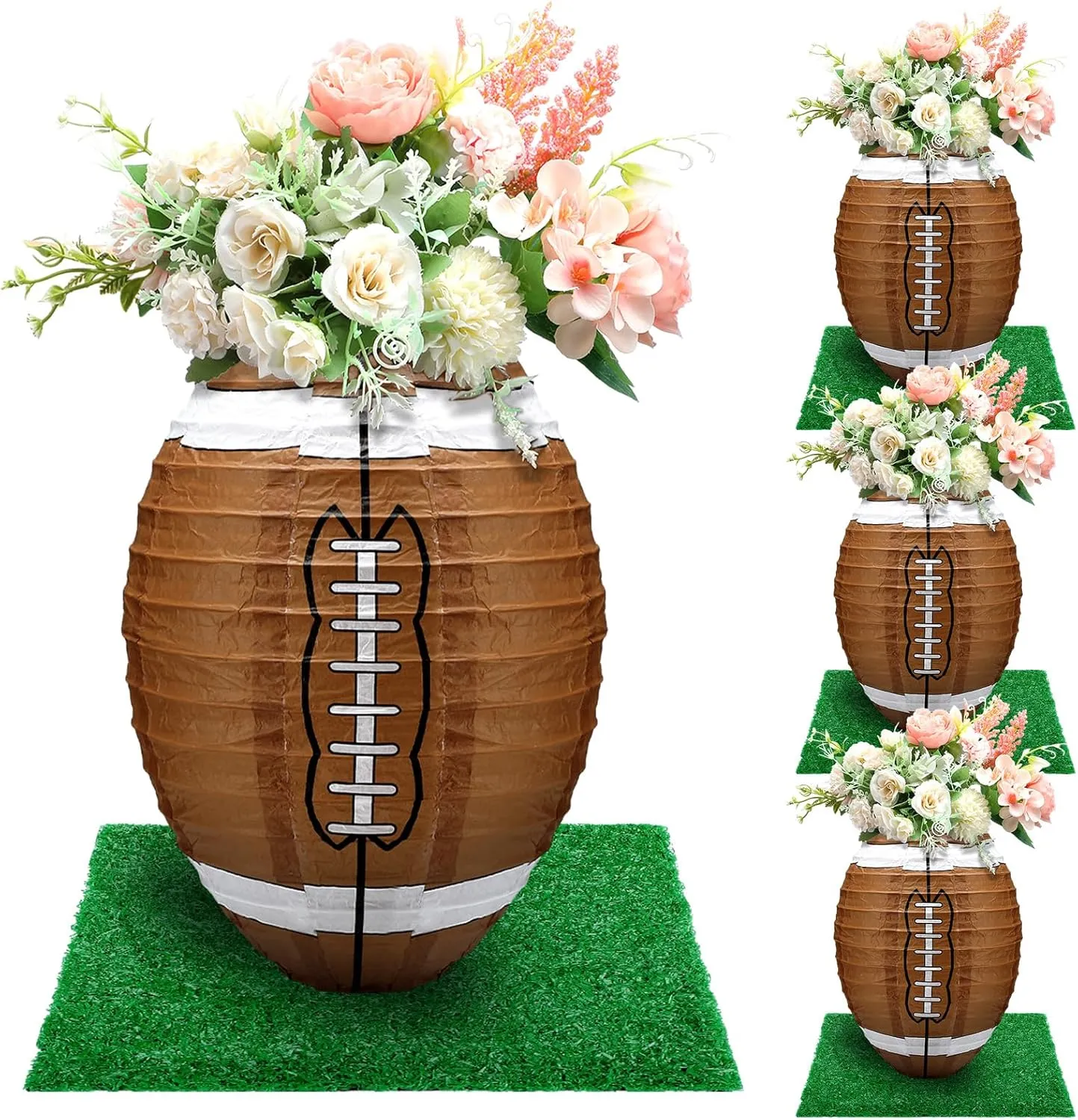 4 Pcs Football Table Centerpiece Decoration Paper Lantern Set with 4 Pcs Grass Squares Sports Game Lantern Faux Fake Grass Turf Patch Football Table Decor Birthday Party Supplies