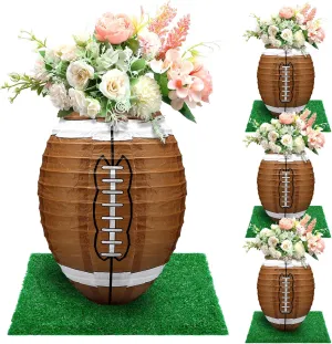 4 Pcs Football Table Centerpiece Decoration Paper Lantern Set with 4 Pcs Grass Squares Sports Game Lantern Faux Fake Grass Turf Patch Football Table Decor Birthday Party Supplies