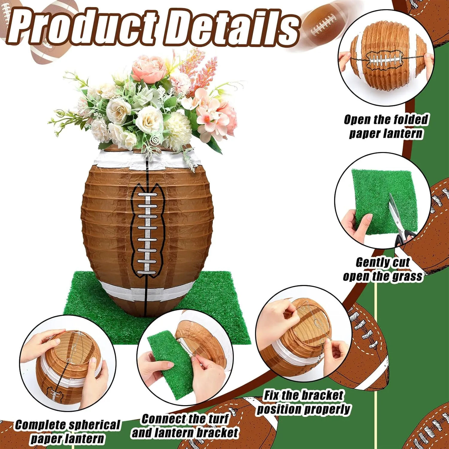 4 Pcs Football Table Centerpiece Decoration Paper Lantern Set with 4 Pcs Grass Squares Sports Game Lantern Faux Fake Grass Turf Patch Football Table Decor Birthday Party Supplies