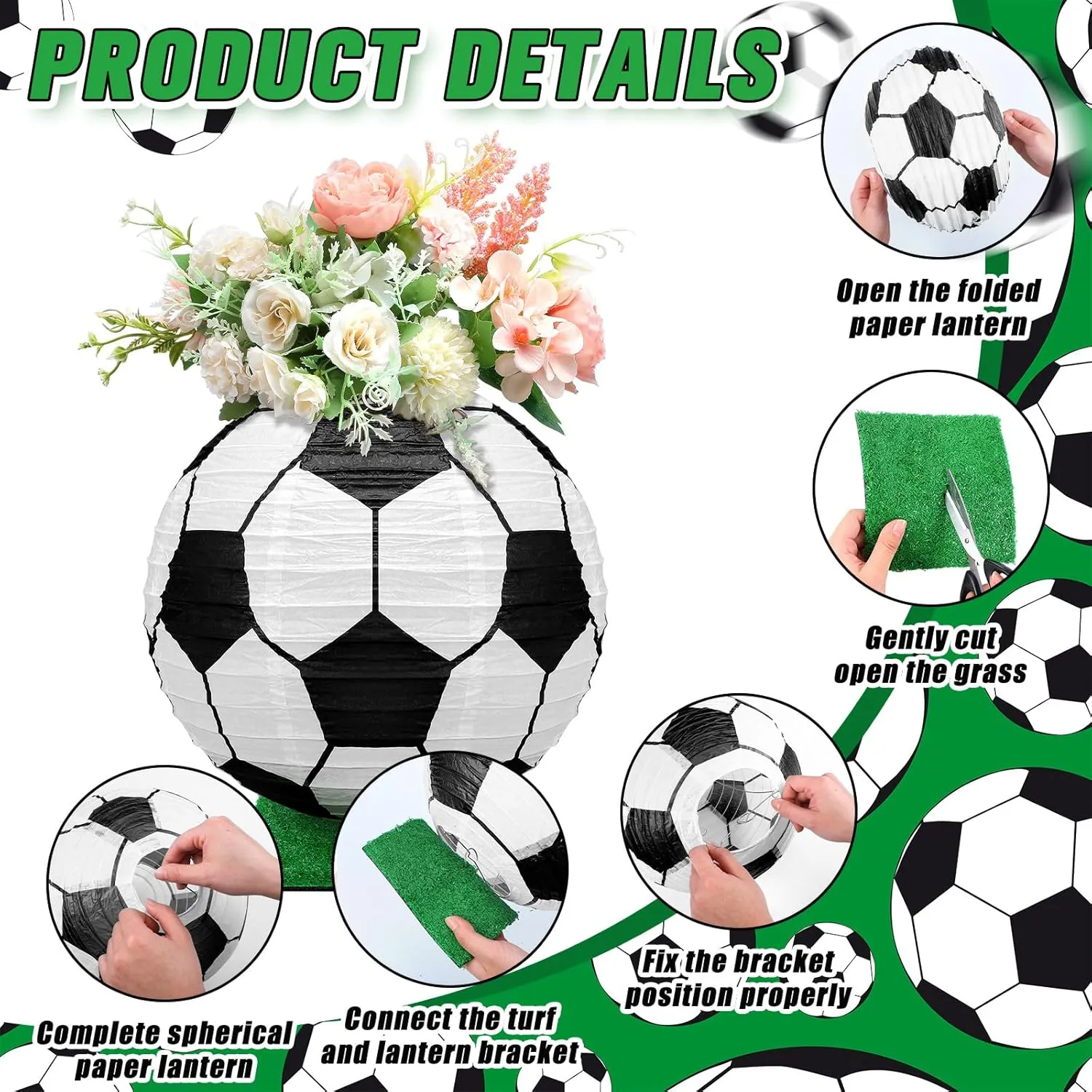 4 Pcs Soccer Table Centerpiece Decoration Paper Lantern Set with 4 Pcs Grass Squares Sports Game Lantern Fake Grass Turf Patch Soccer Table Decor Faux Grass Decor Birthday Party Supplies