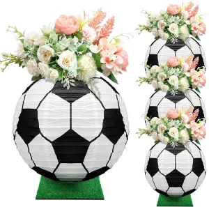 4 Pcs Soccer Table Centerpiece Decoration Paper Lantern Set with 4 Pcs Grass Squares Sports Game Lantern Fake Grass Turf Patch Soccer Table Decor Faux Grass Decor Birthday Party Supplies