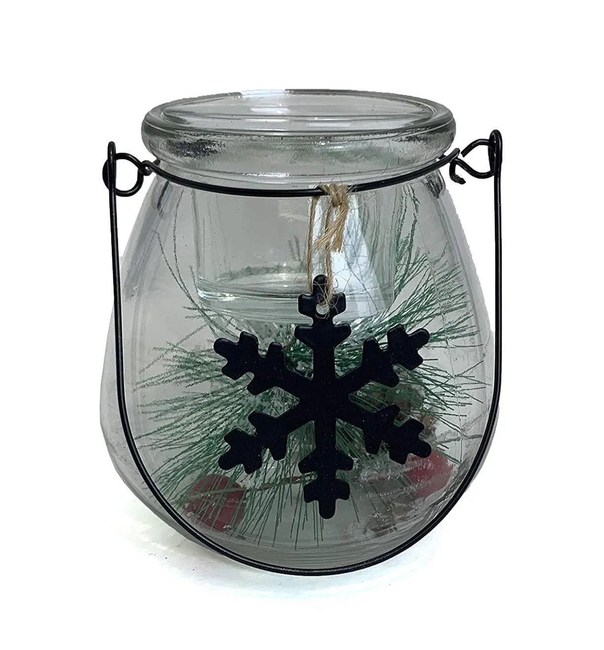 4.3" Holiday Glass Lantern with Tealight Holder and Floral Accent